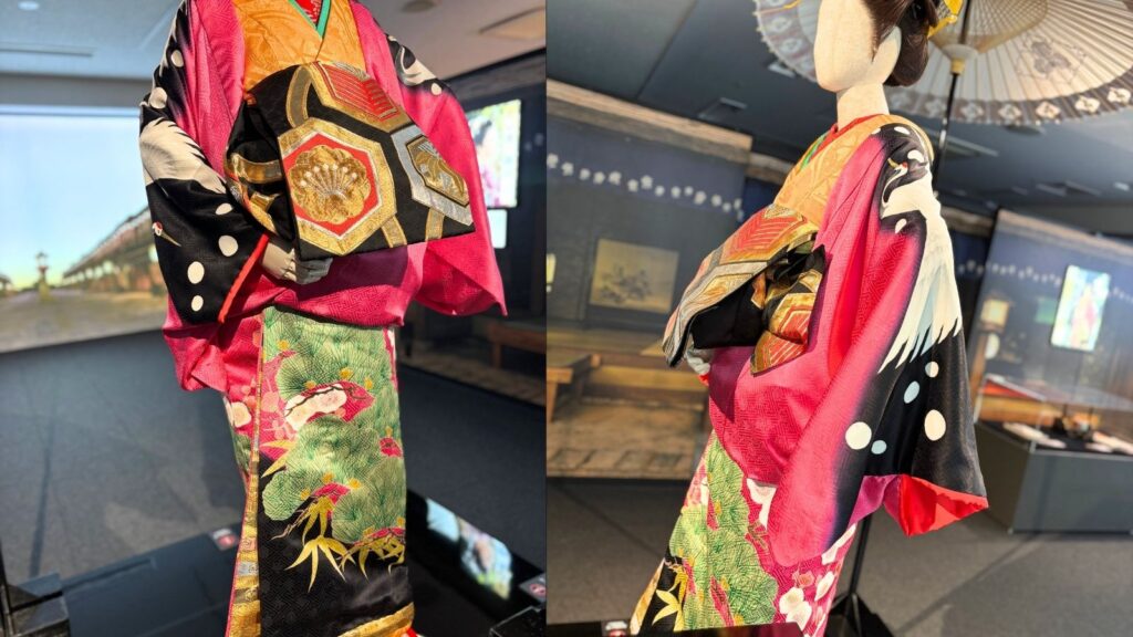 瀬川の衣装展示。先月の花嫁衣裳とはうって変わって艶やかな衣装。