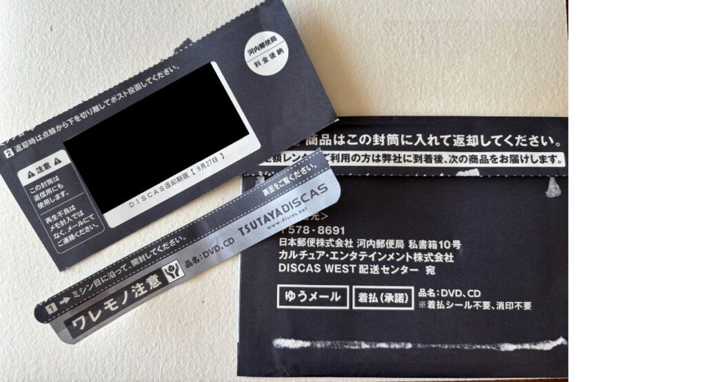 TSUTAYA　DISCAS専用封筒解体図。この封筒を考えた人は天才だといつも思う。
